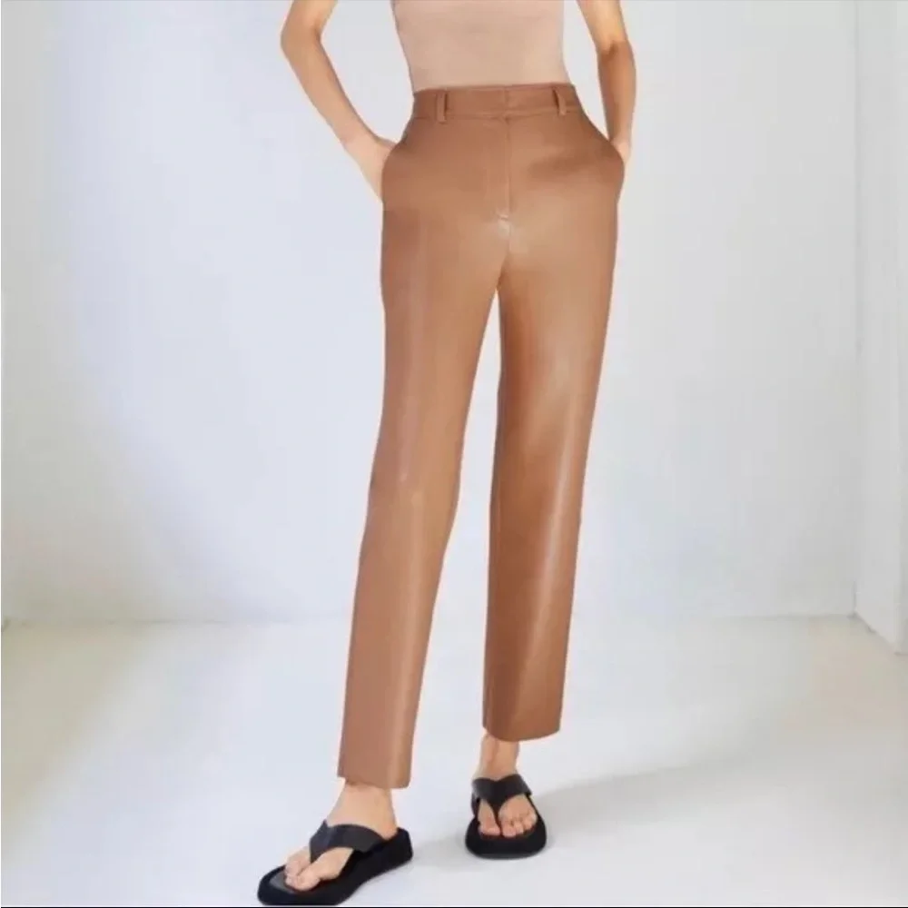 Aritzia Babaton Command Pants Vegan Faux Leather Straight Leg Camel Tan Size 00